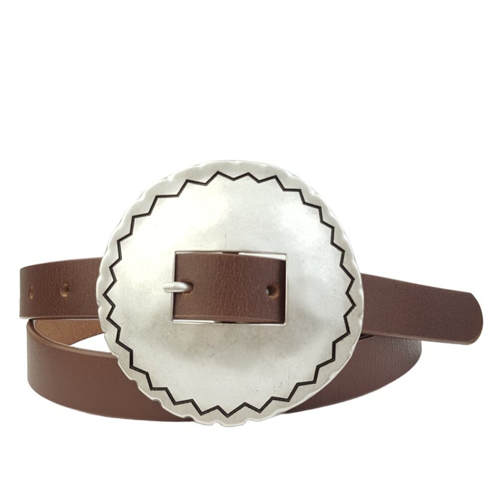 Big Silver Coin Buckle in skinny genuine leather belt
